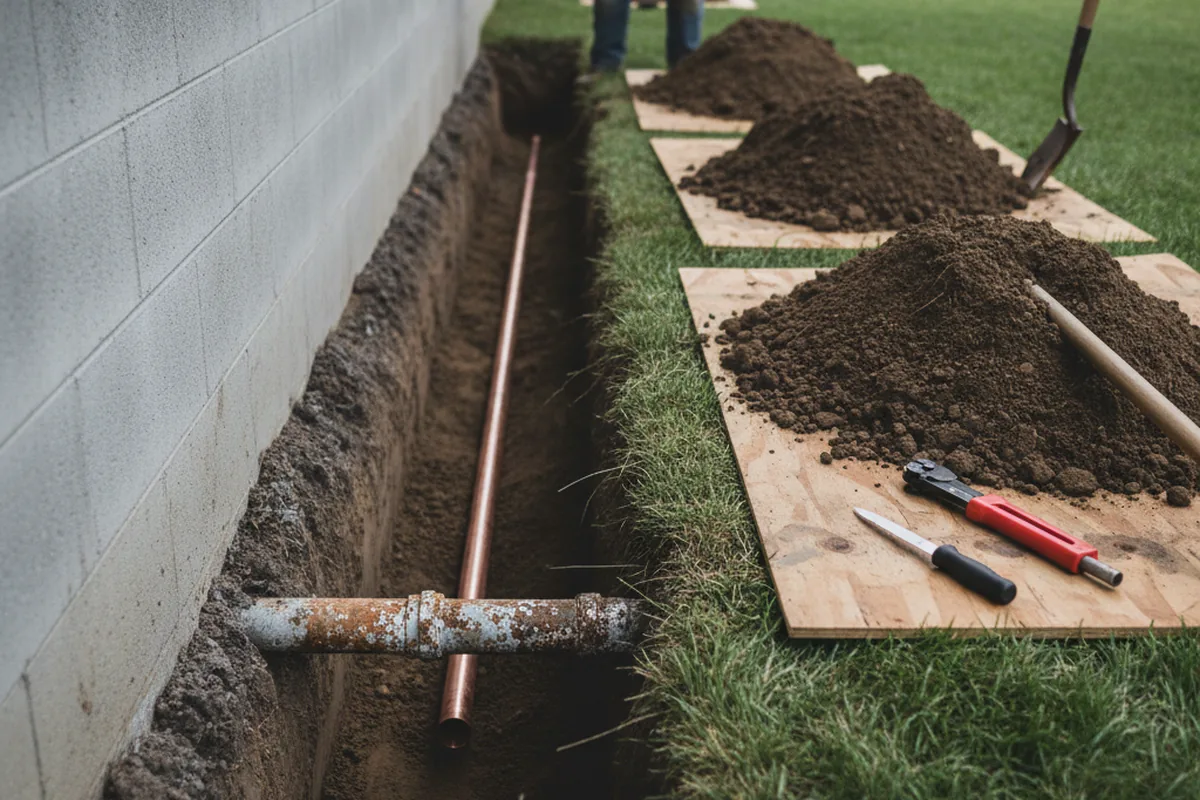 Excavated water line trench during Sewer Line Repair in Marionville